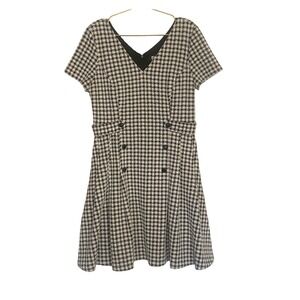 DKNY Black White Gingham Fit Flare Dress V Neck Short Sleeve Womens 12